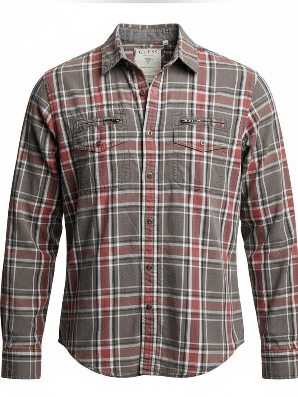 Guess Men's Brown and Rust Plaid Button-Down Shirt XL